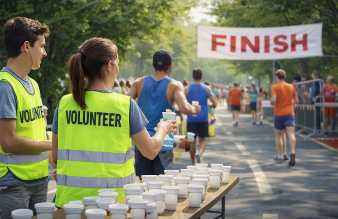 Volunteers and racers at finish line 2026 Volunteers and racers at finish line 2026